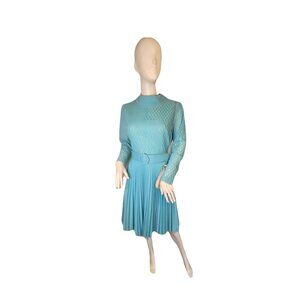 Vintage 60's Women's Mary Dobbs Original Blue Pleated Belted Dress Size S